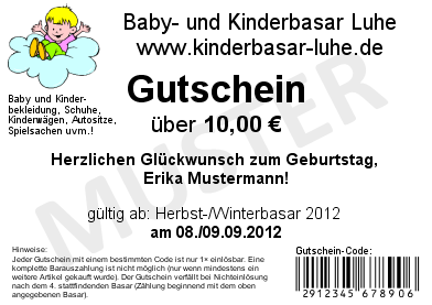 10 € Geschenkgutschein mit dem Text „Herzlichen Glückwunsch zum Geburtstag, Erika Mustermann!“